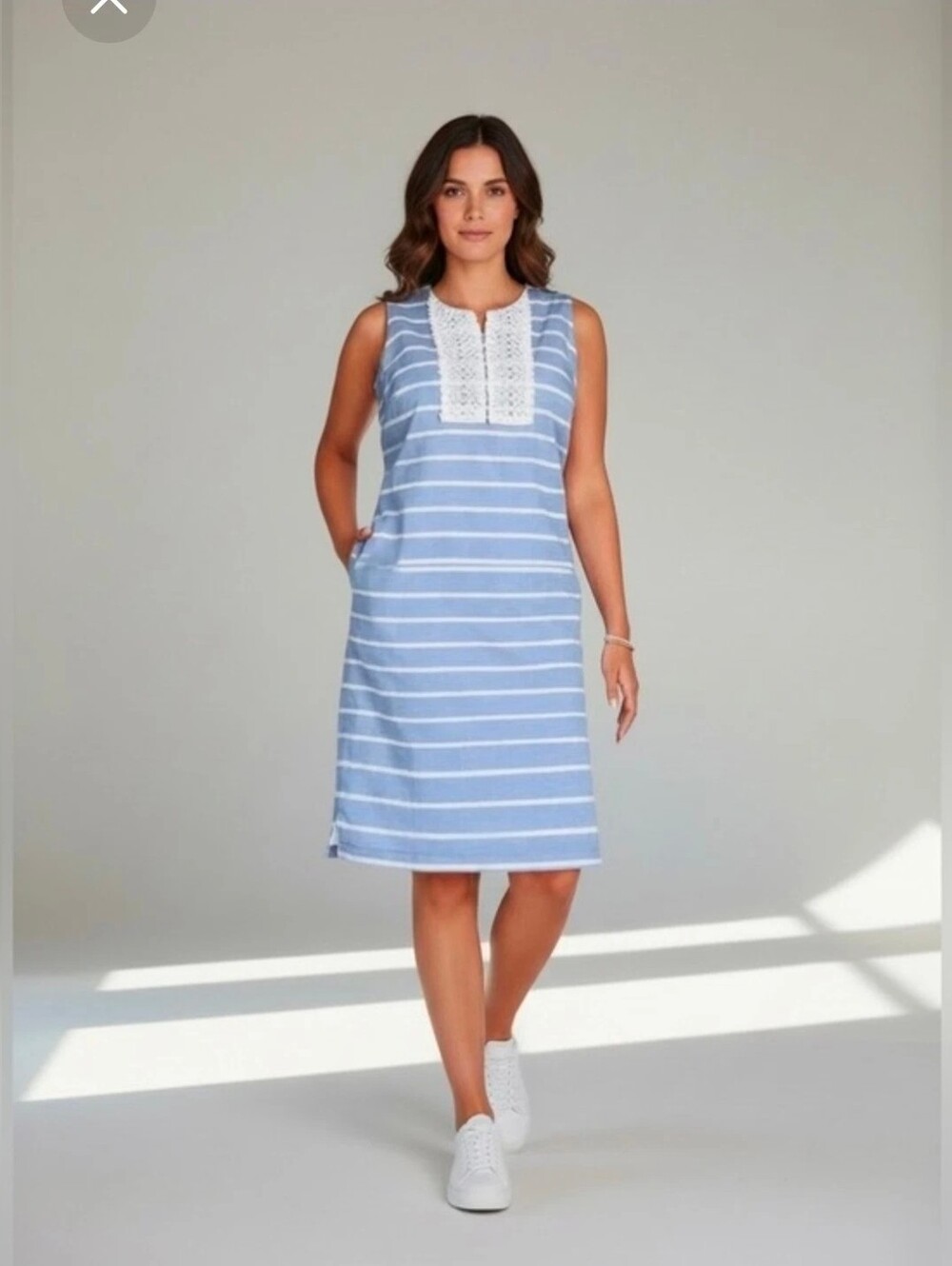 Talbots Dress In Blue & White Striped Linen/Cotton Blend Split Neck W/Lace Sz 6